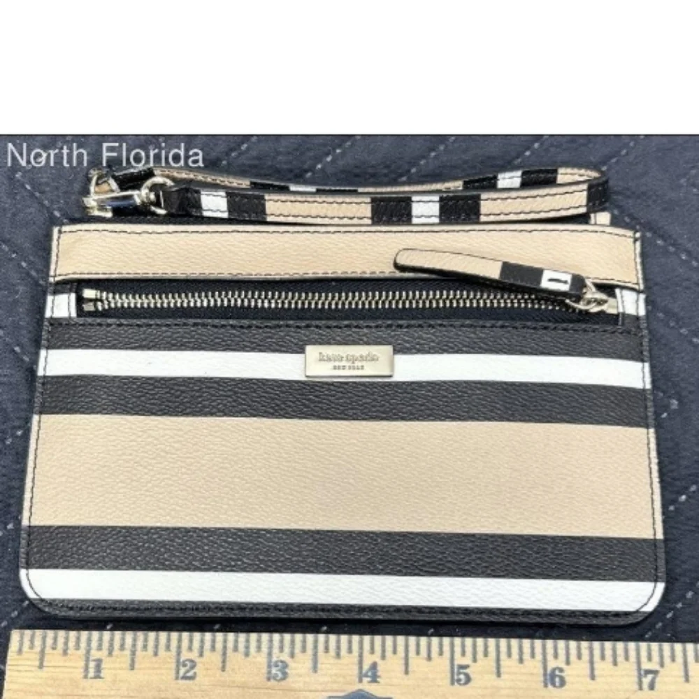 > Kate Spade Striped Black and Tan Wristlet